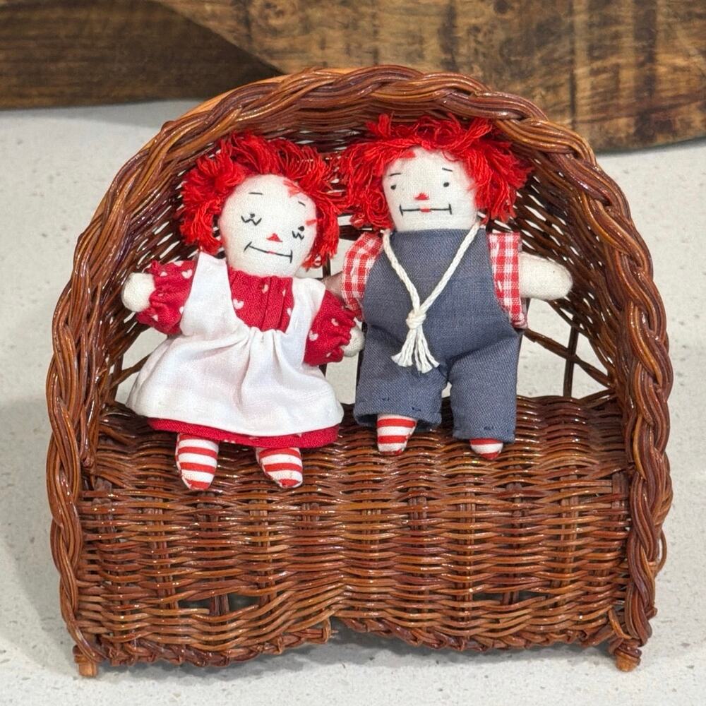 Vintage Miniature Raggedy Ann & Andy in wicker chair